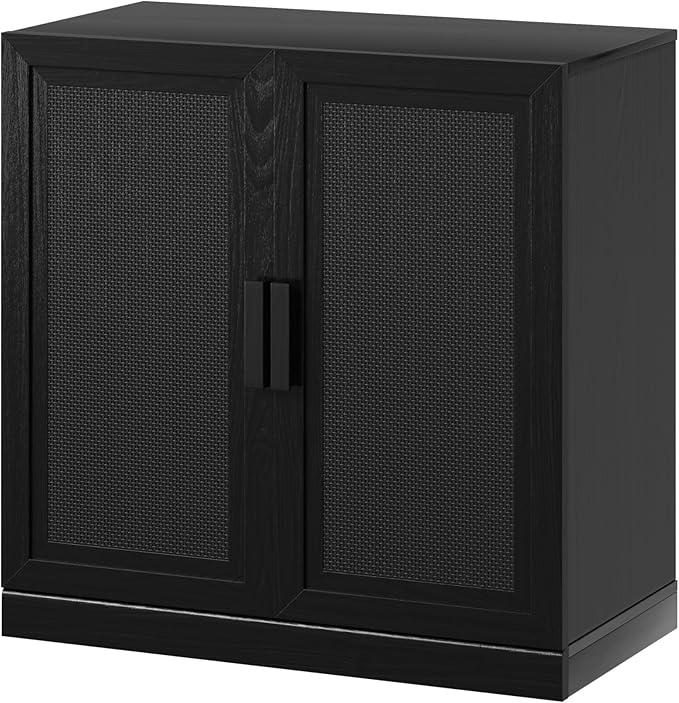 Buffet Cabinet, 2-Doors Sideboard Cabinet with Rattan Panels, Buffet Console Accent Table for Hallway Entryway Dining Room, 31", Black