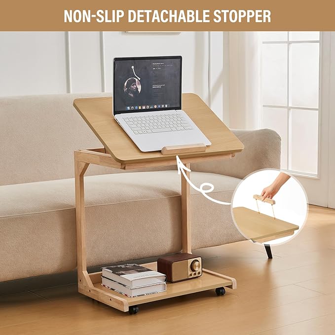 CozyDH Adjustable C Shaped End Table, Rolling Side Table Solid Wood TV Sofa Tray Table for Couch Arm Eating Multi-Purpose, Small Coffee Table with Wheels Living Room Bedroom, Natural
