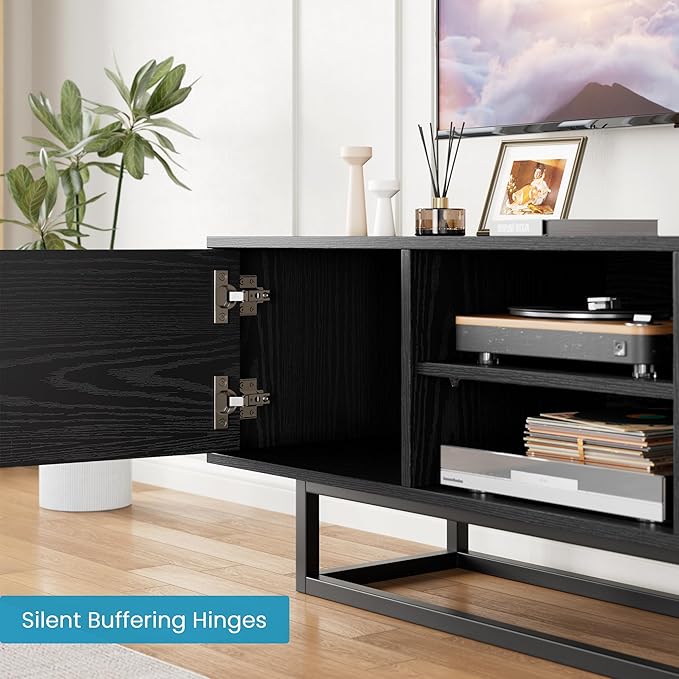 HAIOOU TV Stand for 50 55 Inch TV, Modern TV Console Small Entertainment Center with Sturdy Metal Base, Push-to-Open Doors and Soft-Close Hinges for Living Room, Bedroom - Wood Grain Black
