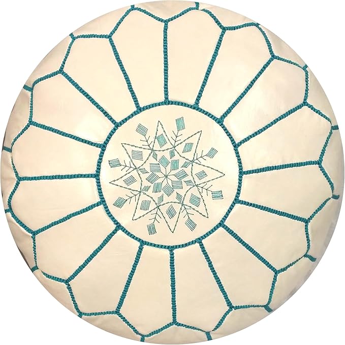 Stuffed Round Design Moroccan Leather Pouf Ottoman, Handmade, Pre-Filled, 100% Genuine Leather, 13” Height x 20” Diameter, Footstool & Living Room Décor (White with Blue Stitches)