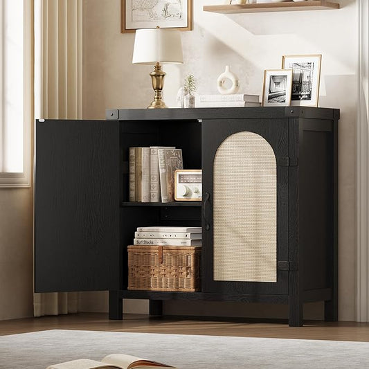 Garvee 31.5'' Small Rattan Buffet Cabinet with Storage, Kitchen Coffee Bar Cabinet with Doors, Boho Farmhouse Sideboard with Adjustable Shelves and Handle for Kitchen, Living Room, Black