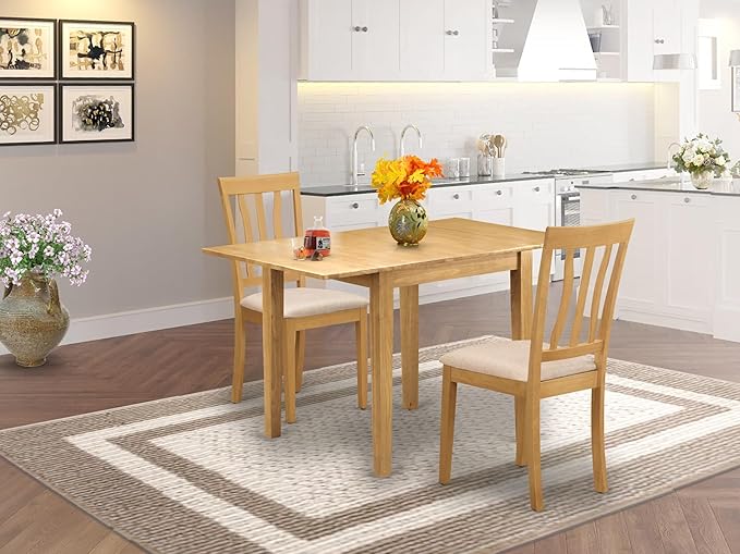 East West Furniture NDAN3-OAK-C 3 Piece Dining Table Set for Small Spaces Contains a Rectangle Dining Room Table with Dropleaf and 2 Linen Fabric Upholstered Chairs, 30x48 Inch, Oak