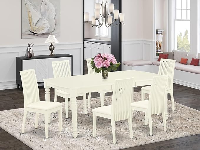 East West Furniture DOIP7-LWH-C 7 Piece Kitchen Table Set Consist of a Rectangle Dining Table with Butterfly Leaf and 6 Linen Fabric Upholstered Dining Chairs, 42x78 Inch, Linen White