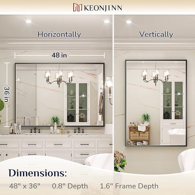 Keonjinn Black Bathroom Mirror 48 x 36 Inch, Large Rectangle Matte Black Vanity Mirrors, Square Corner, Metal Framed Rectangular Farmhouse Wall Mirror for Over Sink(Horizontal/Vertical)