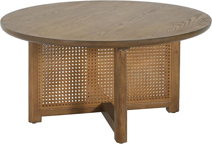 Christopher Knight Home Kiaya Round Coffee Table with PE Woven Design, Wood Coffee Tables for Living Room, Stylish Indoor Round Table, Easy Assembly, Versatile Living Room Furniture, Natural Brown