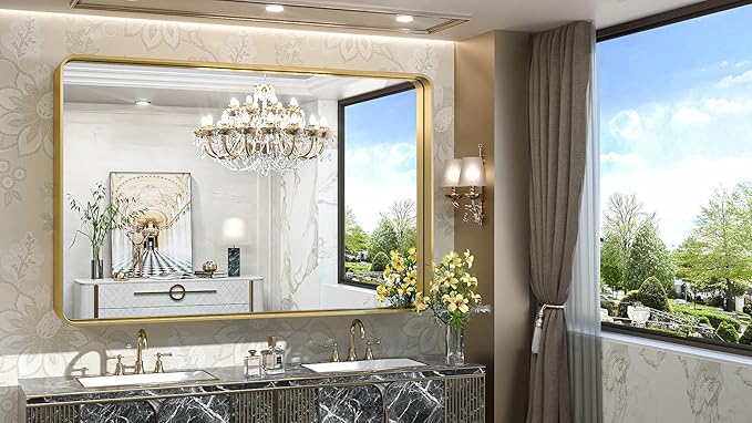 TokeShimi 55 x 36 Inch Brushed Gold Bathroom Mirror for Wall Vanity Mirror with Non-Rusting Aluminum Alloy Metal Frame for Modern Minimalist Farmhouse Home Decor (Horizontal/Vertical)