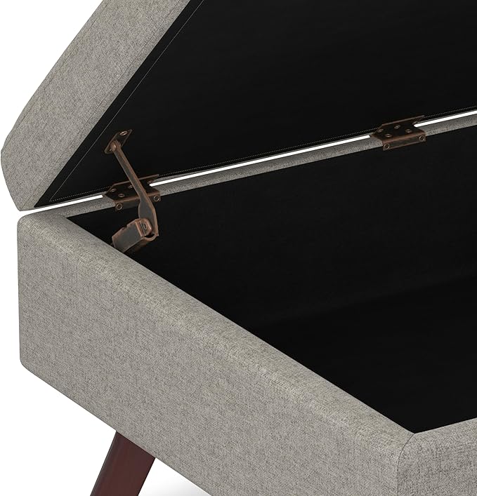 SIMPLIHOME Owen 34 inch Wide Mid Century Modern Rectangle Coffee Table Storage Ottoman in Cloud Grey Polyester Fabric, Assembled, For the Living Room, Entryway and Family Room