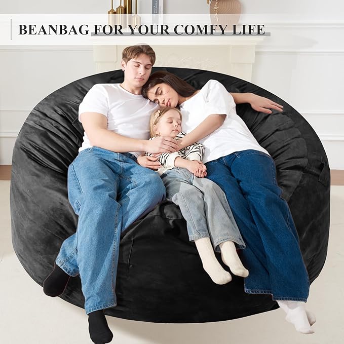 Homguava 6FT Bean Bag Chair Giant BeanBag with Memory Foam Filled, Large Bean Bag Chairs for Adults, Adult Bean Bag Chair with Dutch Velvet Cover for Living Room Bedroom-Black