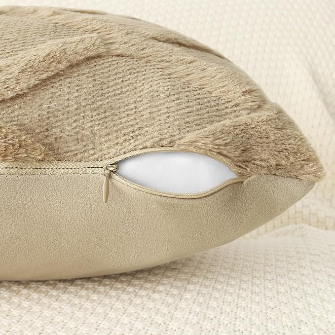 decorUhome Throw Pillow Covers 26x26 Inch Set of 2, Soft Plush Faux Fur Wool Khaki Couch Pillow Covers, Decorative Neutral Pillow Cases for Bed Sofa Living Room Home Decor