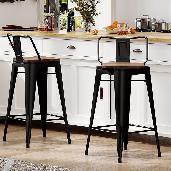 24 Inch Swivel Bar Stools Set of 2 with Backs Counter Height Industrial Metal Barstools Island Bar Chairs for Home Kitchen Dining Room (Swivel 24 inch,Matte Black Wooden)