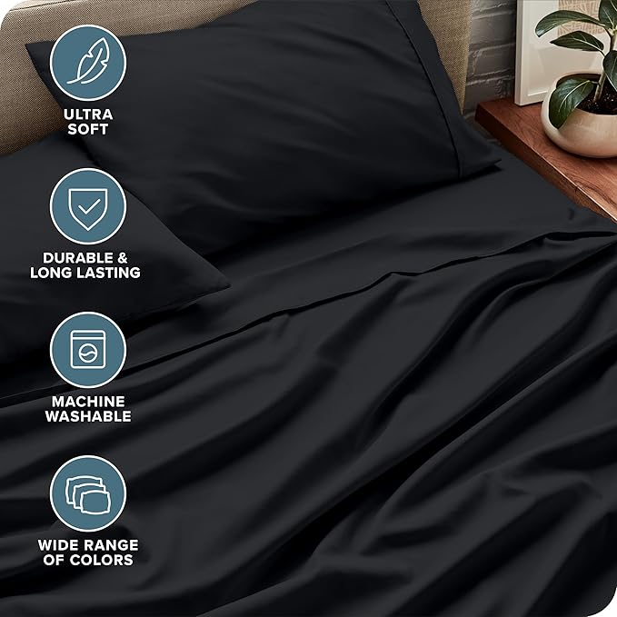 Bare Home Short Queen Sheet Set - 1800 Ultra-Soft Microfiber - Double Brushed - Deep Pockets - Easy Fit - 4 Piece Set - Bed Sheets (Short Queen, Black)