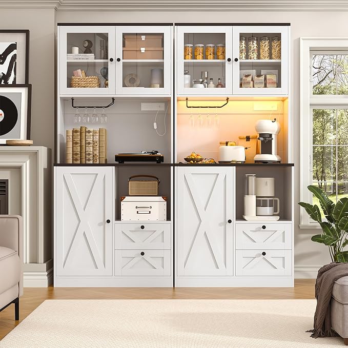 71" Tall Coffee Bar Cabinet with Storage Hutch, Farmhouse Kitchen Pantry Cabinet with LED Lights Microwave Stand and Glass Holder for Home Dining Room Kitchen,White