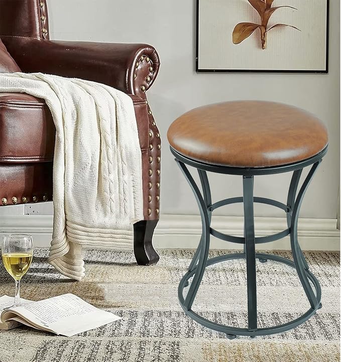 Vanity Stool Chair, Modern Dressing Stool for Makeup Vanity with Black Legs - Backless - Ottomans Round Seat, for Makeup Room, Bedroom, Bathroom, Living Room Accent Furniture Leather Brown