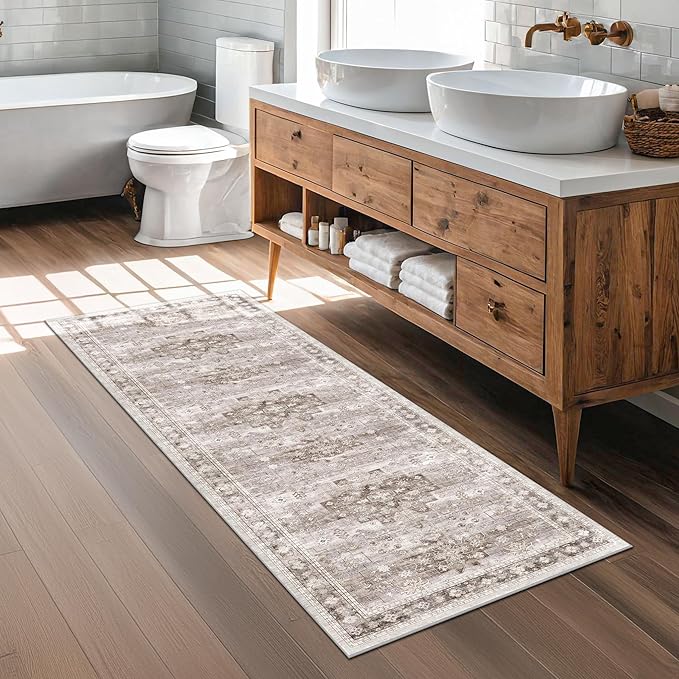 Boho 2x7 Long Runner, Neutral Farmhouse Bedside Rug, Small Throw Runners for Bedroom Hallway Bathroom Kitchen, Vintage Floral Decor & Non-Slip Low-Pile Washable Stain Resistant Beige Latte Rug