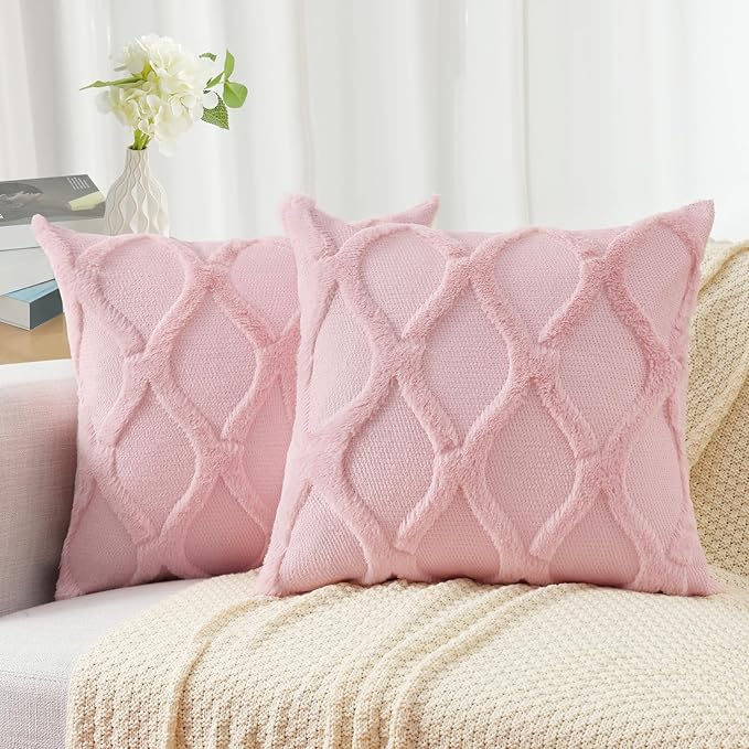 decorUhome Throw Pillow Covers 16x16 Inch Set of 2, Soft Plush Faux Fur Wool Light Pink Couch Pillow Covers, Decorative Neutral Pillow Cases for Bed Sofa Living Room Home Decor