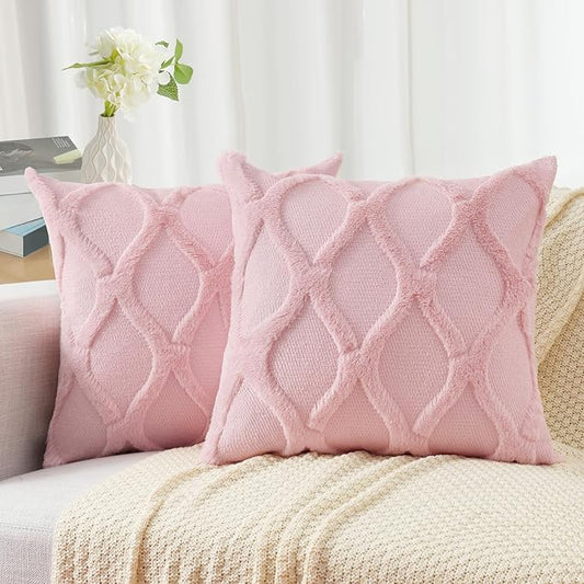 decorUhome Throw Pillow Covers 16x16 Inch Set of 2, Soft Plush Faux Fur Wool Light Pink Couch Pillow Covers, Decorative Neutral Pillow Cases for Bed Sofa Living Room Home Decor