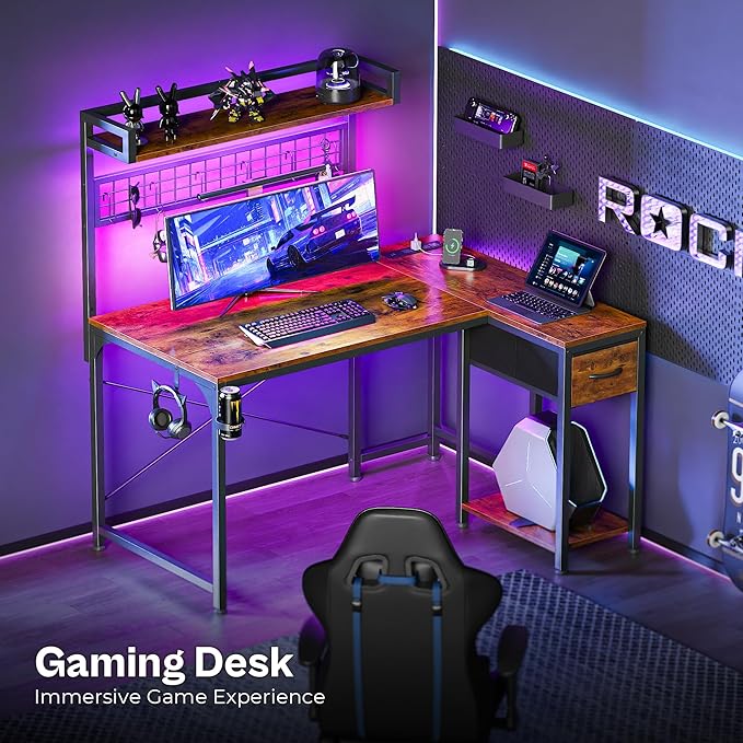 PRAISUN L Shaped Gaming Desk with Shelves, Corner Computer Table with LED Lights, Power Outlets and USB-C Ports, 42 Inch Reversible Home Office Desk with Storage Drawer, Work and Study, Rustic Brown