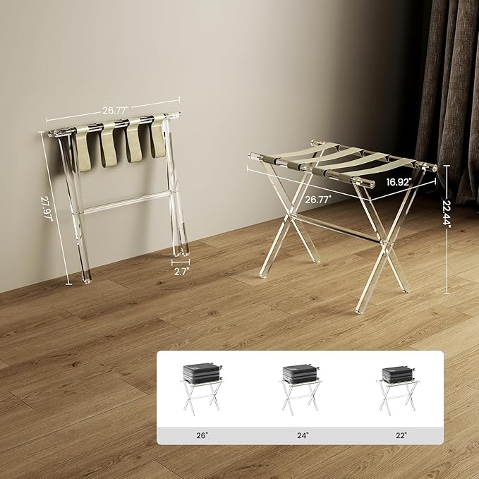 Sumerflos Acrylic Luggage Rack for Guest Room - Foldable Suitcase Stand with Leather Straps for Bedroom Living Room Hotel Heavy-Duty, Holds up to 50-100 lb lightweight Space Saving (Beige & Handle - 1 Pcs)