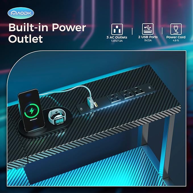 AODK Computer Desk, 56 Inch Gaming Desk with Led Lights & Power Outlet, Office Desk with Storage Shelves, Reversible Desk with Monitor Shelf & Headphone Hook, Carbon Fiber Black