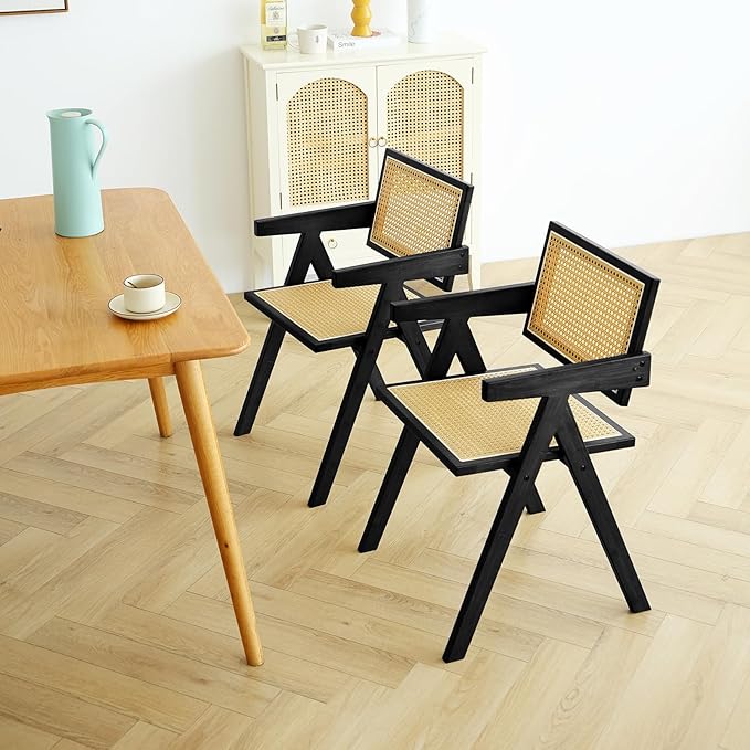 Tiita Rattan Accent Chairs, Mid Century Modern Dining Chairs Set of 2, Bamboo Living Room Chair for Reading Room Dining Kitchen, Black