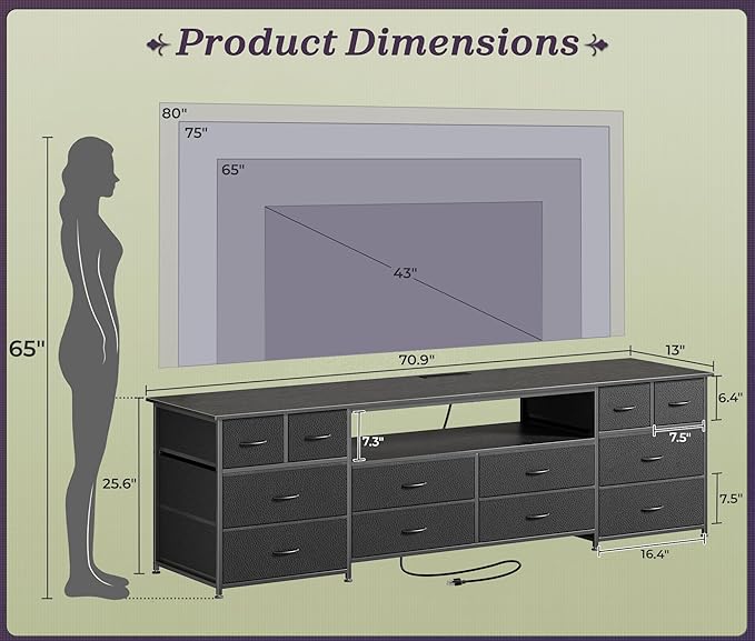 Huuger 70.9 Inch Dresser TV Stand with LED Lights, Power Outlets and USB-C Port, 12 Fabric Drawer Dresser for Bedroom, Wide Entertainment Center for 75, 80 Inch TV, Media Console, Open Shelf, Black