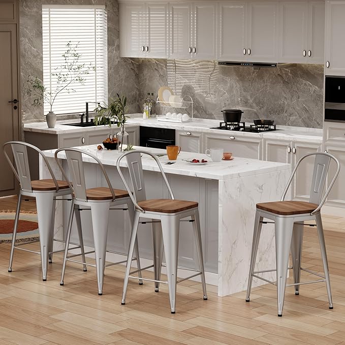 Changjie Furniture 30 Inches Metal Barstools Set of 4 Counter Height Bar Stools Industrial Stools with Backs High Back Chairs for Kitchen Island (30 Inch, Silver)