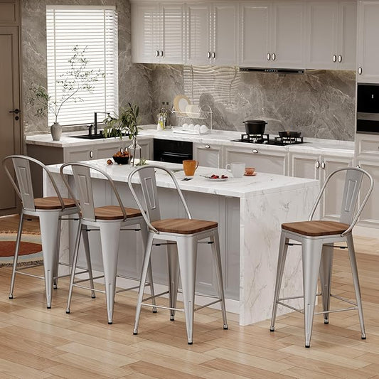 Changjie Furniture 26 Inches Metal Barstools Set of 4 Counter Height Bar Stools Industrial Stools with Backs High Back Chairs for Kitchen Island (26 Inch,Silver)