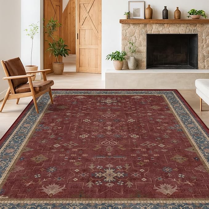 Oriental 8x10 Large Area Rugs for Living Room - Burgundy Rug for Bedroom Under Bed, Dining Room Under Kitchen Table, Washable Soft Non Slip Unique Indoor Décor