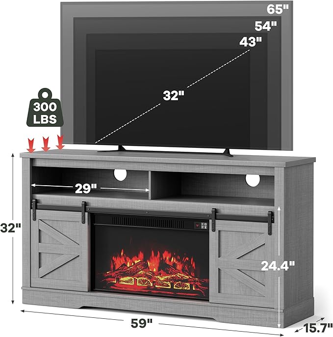 YESHOMY Fireplace TV Stand for Television up to 65+ Inch with Storage and Farmhouse Sliding Barn Doors, Entertainment Center with Cabinet and Shelves, Media Console for Living Room, Gray