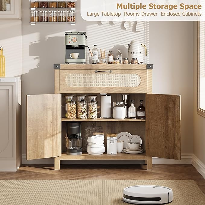 Garvee 29.9'' Small Rattan Buffet Cabinet with Storage, Kitchen Coffee Bar Cabinet with Doors and Drawer, Boho Farmhouse Sideboard with Adjustable Shelves and Handle for Living Room, Natural