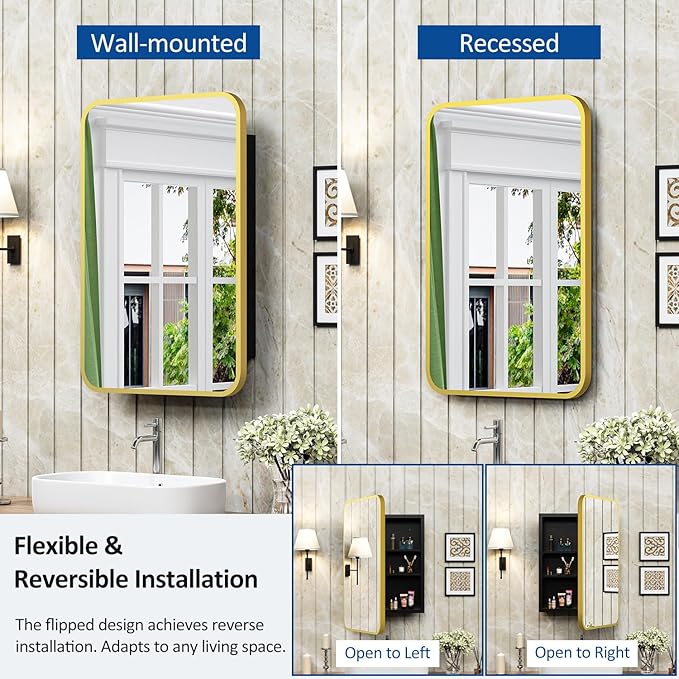16x24 Inch Mirror Medicine Cabinet for Bathroom Gold Metal Frame Bathroom Medicine Cabinet with Mirror Recessed or Wall Mounted