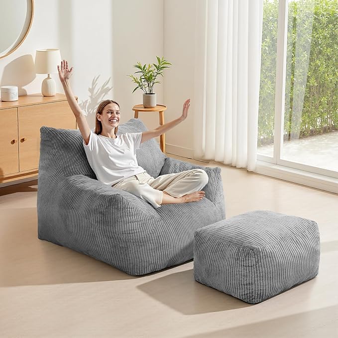 INMOZATA Bean Bag Chair for Adults, 3FT Beanbag Chair with Ottoman Pre-Filled Fluffy Lazy Chair Corded Fabric Accent Chair for Bedroom Living Room Dorm (Gray)