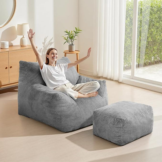 INMOZATA Bean Bag Chair for Adults, 3FT Beanbag Chair with Ottoman Pre-Filled Fluffy Lazy Chair Corded Fabric Accent Chair for Bedroom Living Room Dorm (Gray)
