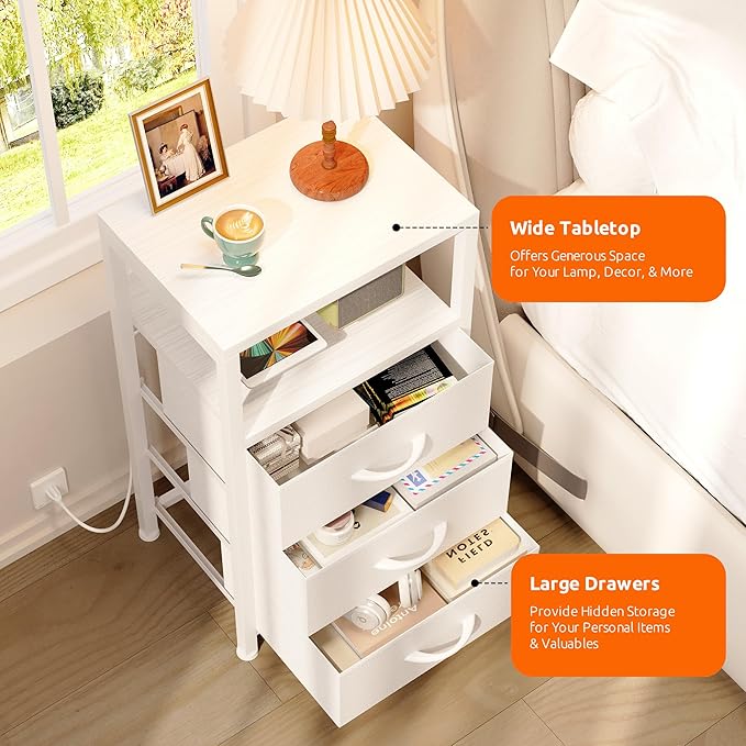 NightStand Bedside Charging Table Bedroom - White Night Stand with Charger Station, USB-C USB Ports & AC Outlets for Dorm, Living Room, Modern End Table with Open Shelf & 3 Fabric Drawers