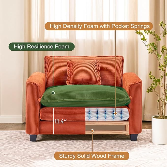 Furniliving Oversized Accent Chair with Ottoman, Luxury Corduroy Single Sofa, Upholstered Deep Seat Chaise Lounge with Pillows for Living Room, Bedroom, Apartment, Orange