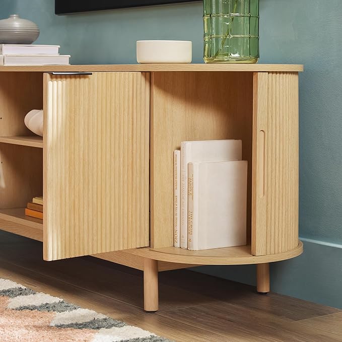 Walker Edison Modern Curved Reeded TV Stand for TVs up to 70 Inches, Credenza with Sliding Doors and Adjustable Shelves, TV Stand with Cord Management Cutout, 60 Inch, Coastal Oak