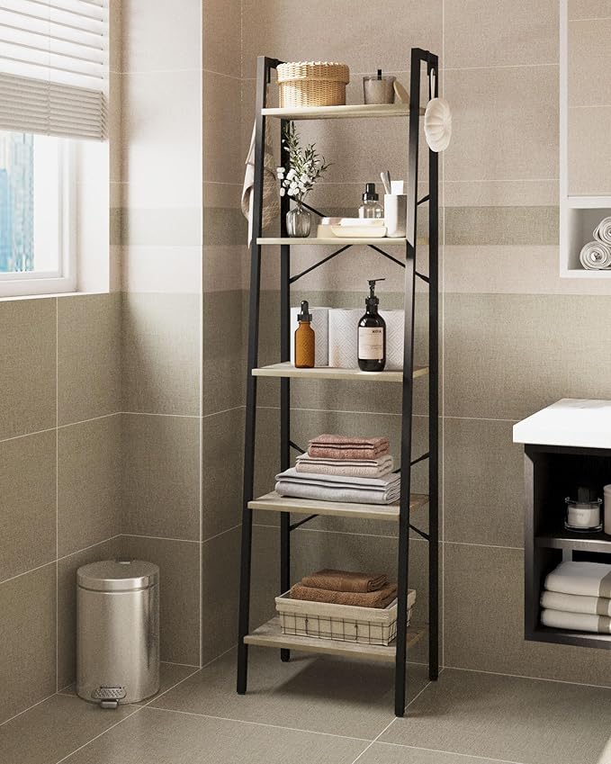 Ladder Shelf, Bookshelf Bookcase, Freestanding Corner Storage Shelve with 2 Hooks for Home Office, Living Room, Kitchen, Bedroom, Industrial, 5-Tier Greige BC19205B