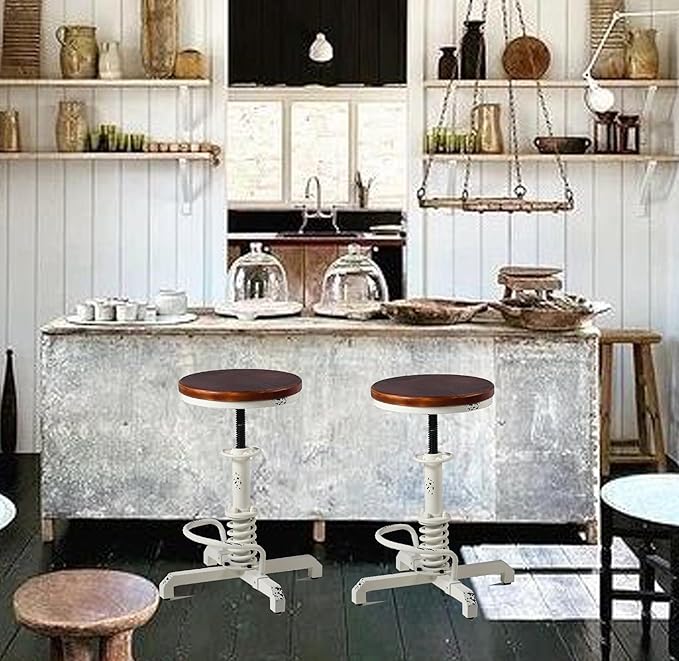 Topower Industrial Retro Vintage Farm Wooden Seat Tractor Stool Kitchen Swivel Height Adjustable bar Stool Antique White