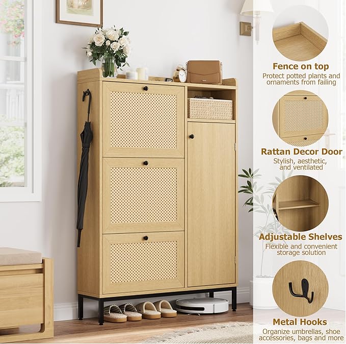 GarveeHome Shoe Cabinet Rattan with 3 Flip Drawers and 4-Tier Shoe Storage Cabinet, Freestanding Shoe Organizer with Adjustable Shelves for Entryway, Closet, Hallway (Oak)