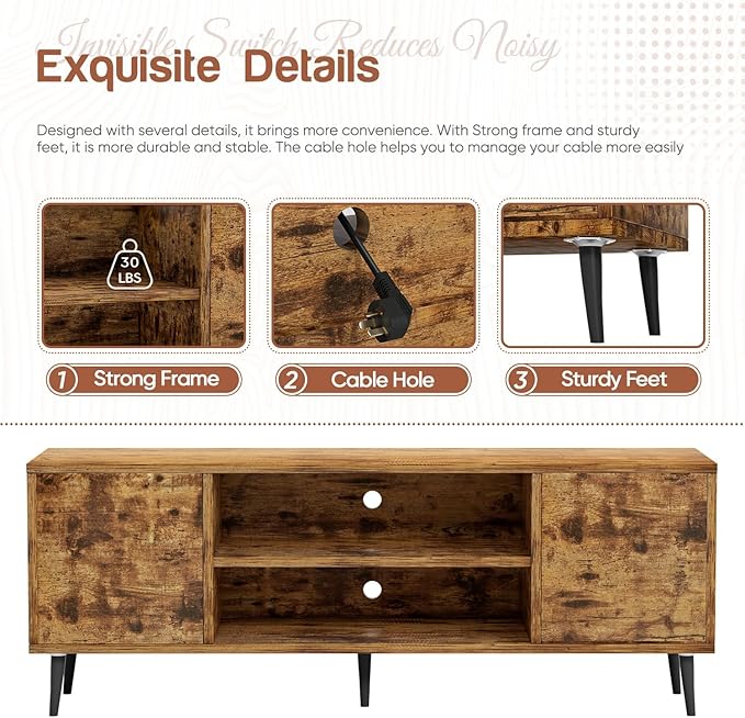 YESHOMY Modern TV Stand for 65" Television, Entertainment Center with Two Storage Cabinets and Open Shelves, Retro Style Media Console for Living Room, Bedroom, Office, 58 Inch, Rustic Brown