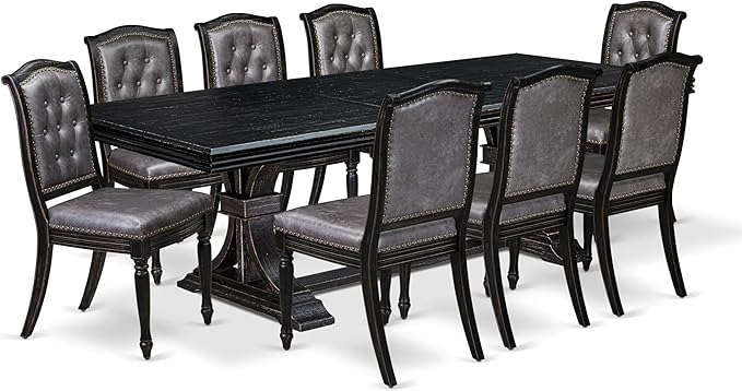 NEMA9-SBB-34 9-pc Modern Dining Set Consists of a Mid Century Dining Table and 8 Dark Grey Polyester Chairs with Button Tufted Back, 44x100 Inch, Sand Blasting Black