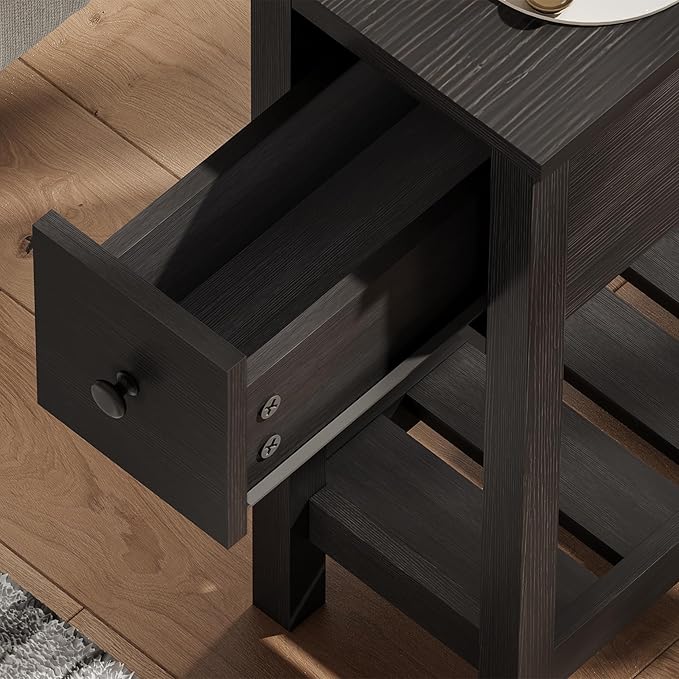 ChooChoo Narrow End Table, Small Side Table for Small Spaces, Slim End Table with Drawer, Narrow Nightstand Bedside Table for Living Room Bedroom, Black, 2 Pack