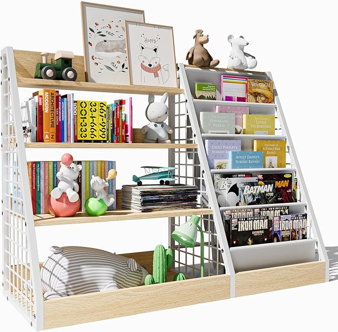 Kids Book Shelf,4 Tier Wooden Bookshelf,5 Layer Sling Children Bookcase,Toy Organizer Cabinet Chest,Book Display Shelf with Metal Frame, Nursery Playroom Classroom Library (Natural)