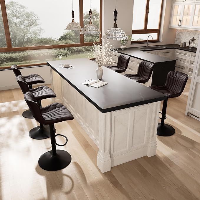 YOUNIKE 3 Brown Bar Stools Modern Swivel Counter Height Bar Chair with Back Adjustable Kitchen Island Faux Leather Padded Barstools taburetes de bar Breakfast sillas para barra de cocina 3PCS