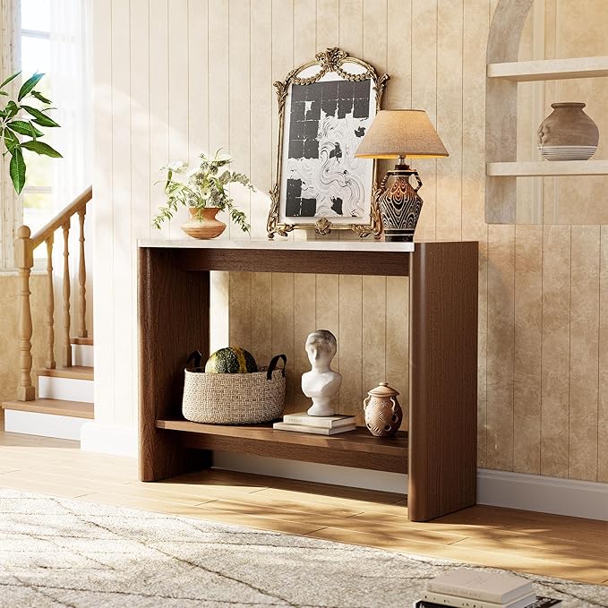 COSIEST 43.3" Farmhouse Console Table for Entryway, 2-Tier Sofa Table with Faux Stone Grain Top, Slim Accent Table for Hallway, Behind Couch, or Living Room, Brown Wood Look