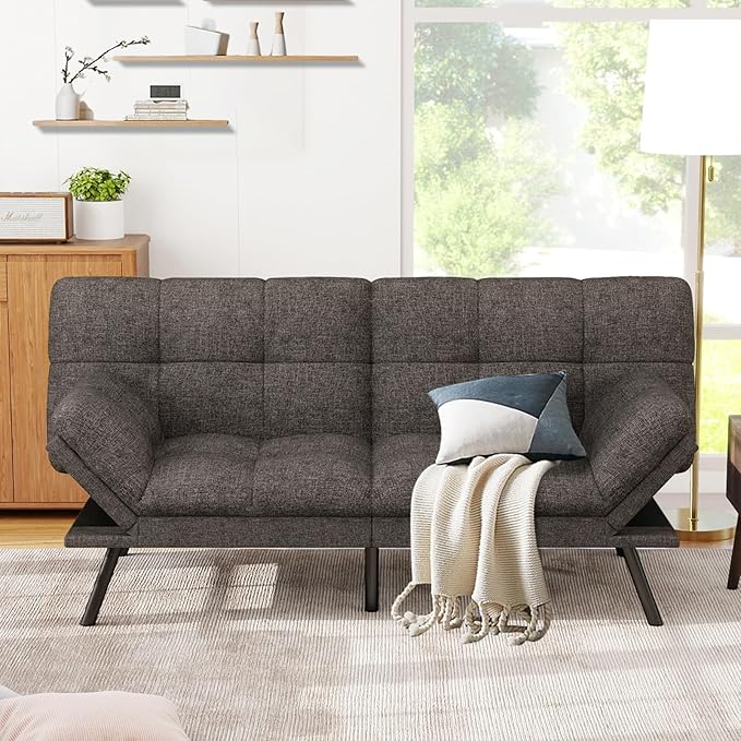 Vipbear Futon Sofa Bed Couch, 71" Convertible Sofa Bed, Space-Saving Loveseat with Adjustable Backrest & Armrest for Living Room,Apartment,Office,Pure Grey Sleeper Sofa