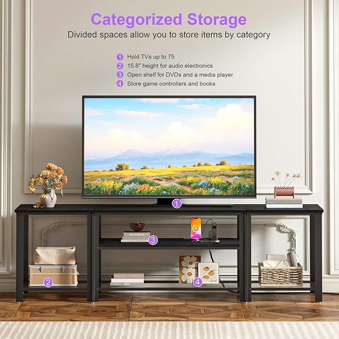 WelFurGeer Industrial Metal TV Stands with RGB LED Lights & Built-in Power Outlets - Modern TV Entertainment Center for Living Room, Open Grid Design TV Console with Storage (Black)