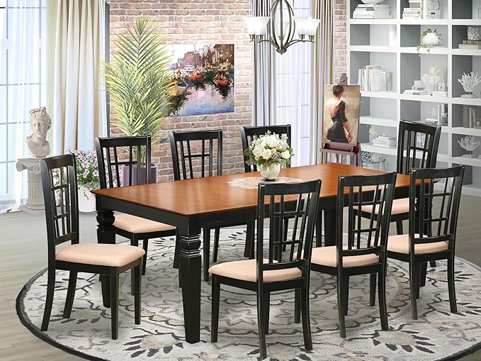 East West Furniture LGNI9-BCH-C 9 Piece Dining Table Set Includes a Rectangle Wooden Table with Butterfly Leaf and 8 Linen Fabric Dining Room Chairs, 42x84 Inch, Black & Cherry
