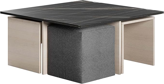 Manhattan Comfort Haley Mid Century Modern Coffee Table & Ottoman Set with Nested Design for Small Spaces, Versatile Living Room Furniture, Accent Decor, White and Black Marble