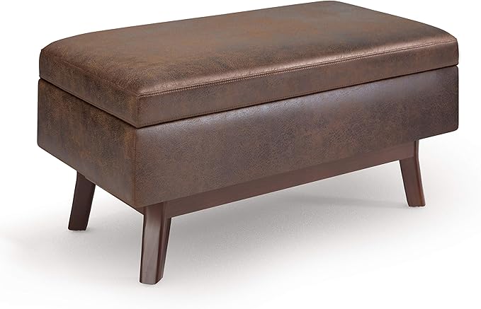 SIMPLIHOME Owen 36 inch Wide Mid Century Modern Small Rectangular Storage Ottoman in Distressed Chestnut Brown Vegan Faux Leather, Assembled, For the Living Room, Entryway and Family Room
